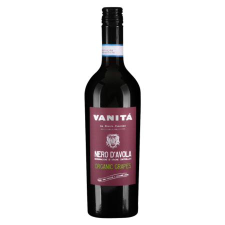 Italia Vanità Nero d'Avola sticla de vin roșu sicilian cu arome de fructe roșii și negre coapte