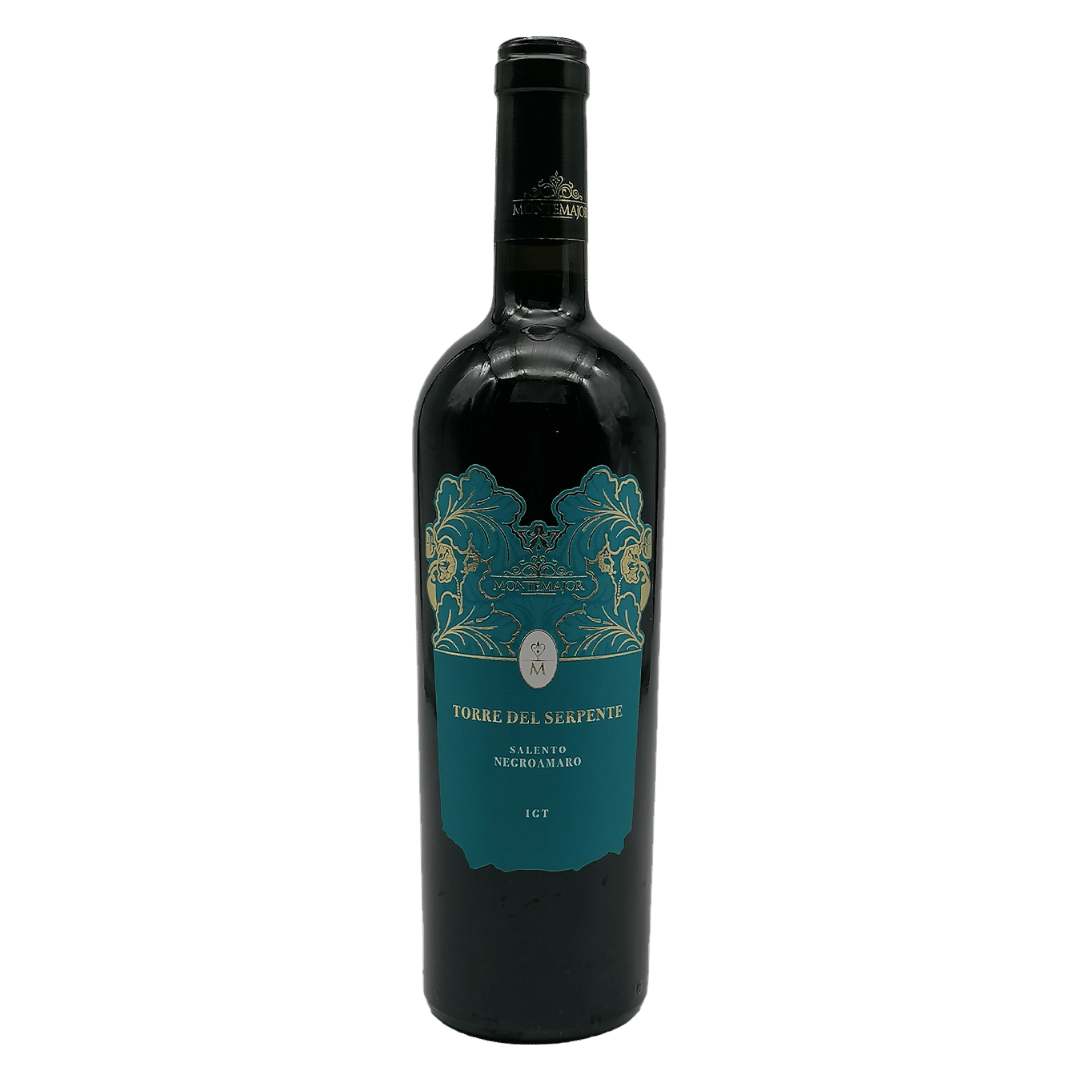 Italia Montemajor Torre Del Serpente Negroamaro, vin roșu sec din Salento Italia, cu arome intense de fructe negre și condimente.