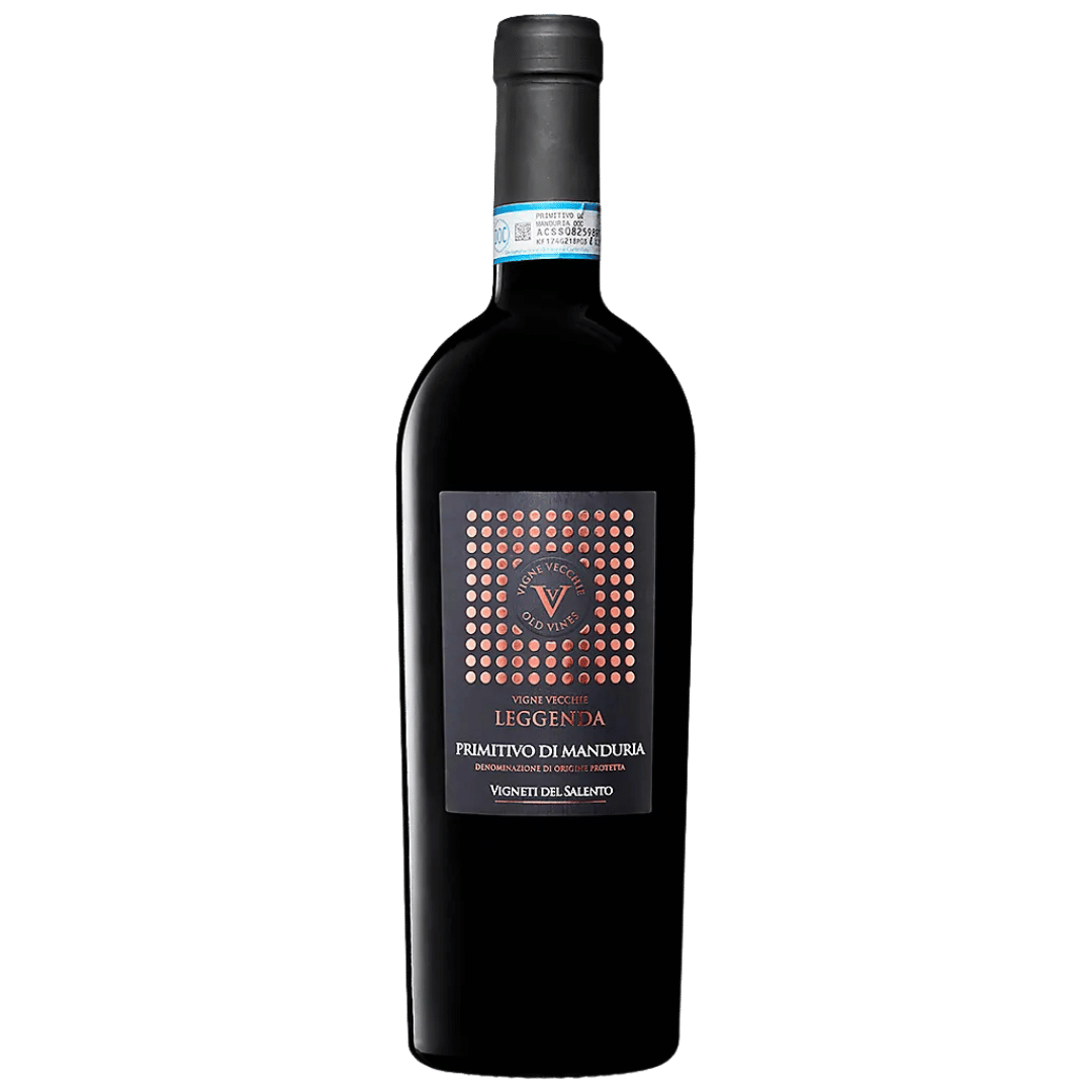 Italia Vigne Vecchie Leggenda Primitivo, vin roșu intens din Puglia, Italia, cu arome de fructe și condimente.