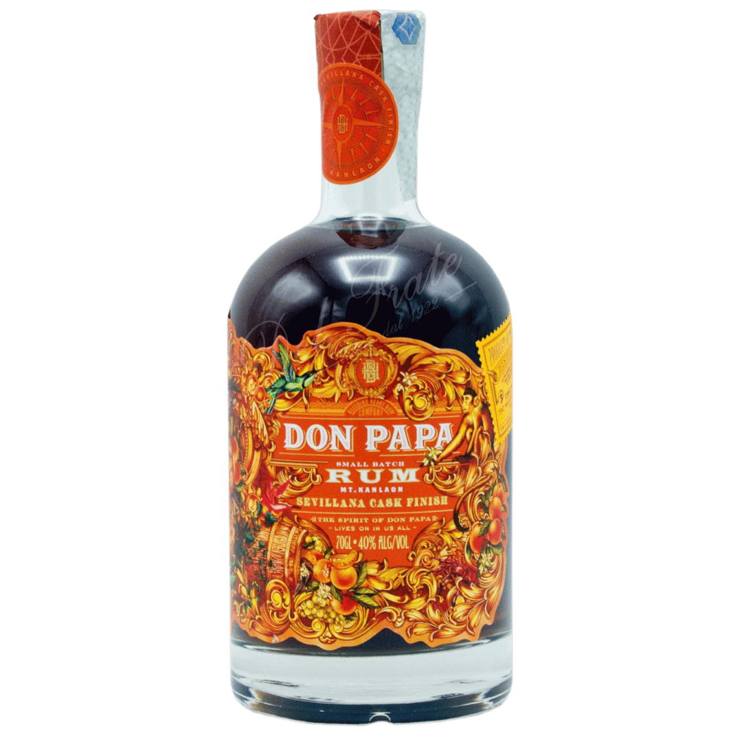 Rom Don Papa Sevillana Cask, rom maturat în butoaie de sherry, cu note de fructe uscate și vanilie
