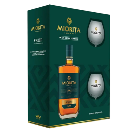 Vincon Vinars Miorița VSOP, set cadou cu 2 pahare, distilat românesc maturat în butoaie de stejar
