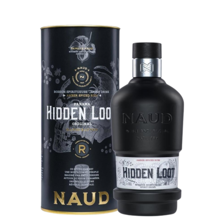 Rom Naud Hidden Loot Amber Spiced din Panama, sticla de rom ambrat condimentat cu arome de vanilie și scorțișoară