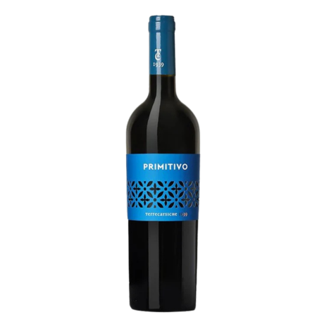 Terrecarsiche Primitivo sticla vin roșu italian din Puglia, din struguri Primitivo, arome de fructe coapte