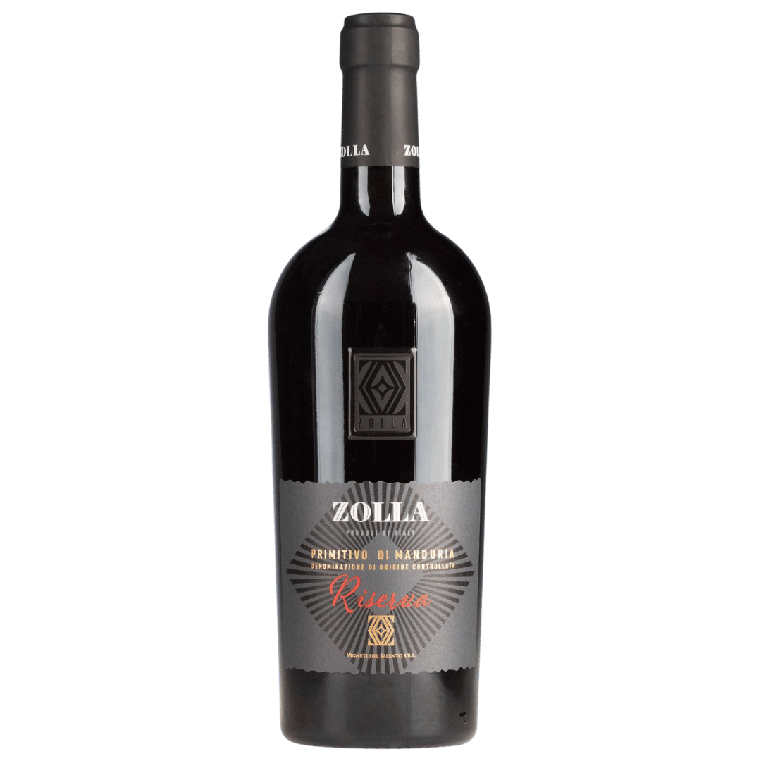 Italia Zolla Primitivo di Manduria Riserva, vin roșu intens, ideal pentru carne și brânzeturi mature.