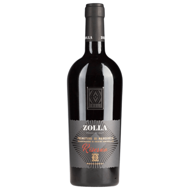 Italia Zolla Primitivo di Manduria Riserva, vin roșu intens, ideal pentru carne și brânzeturi mature.