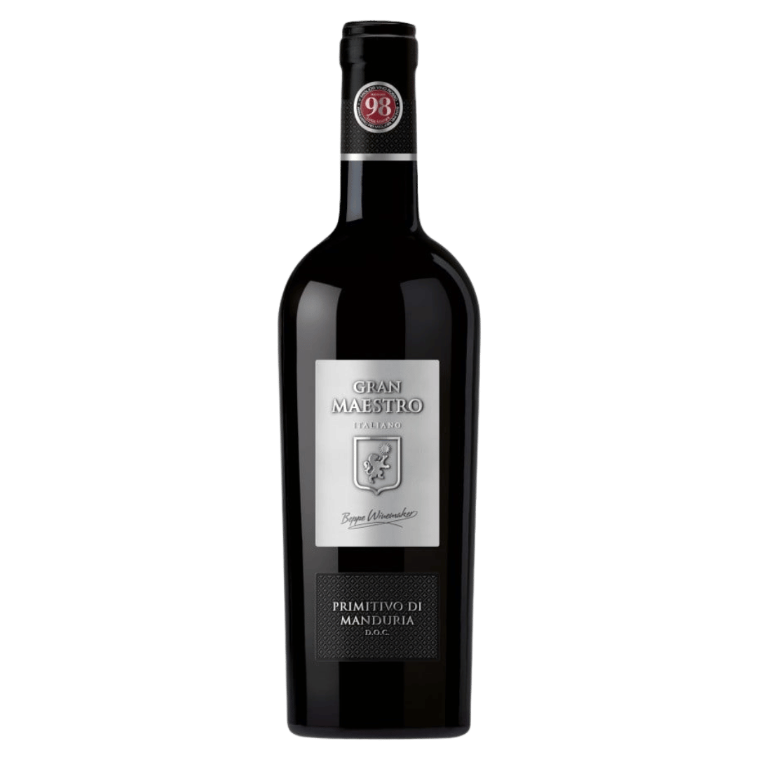 Italia Gran Maestro Primitivo, vin roșu din Puglia, cu arome fructate și taninuri fine, ideal pentru carne și paste.