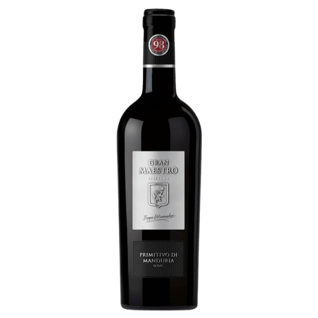 Italia Gran Maestro Primitivo, vin roșu din Puglia, cu arome fructate și taninuri fine, ideal pentru carne și paste.