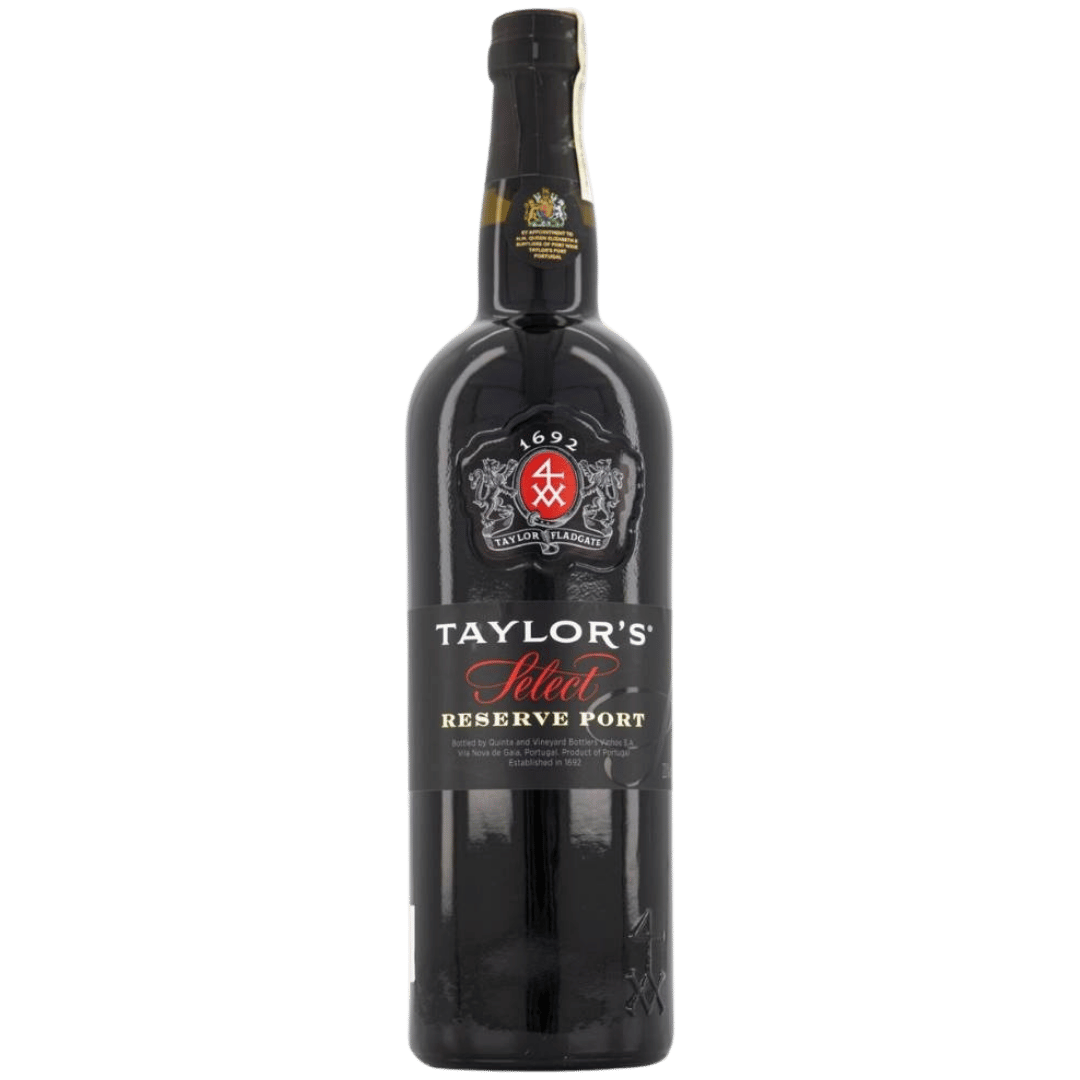 Taylor's Select Reserve Port, vin fortificat roșu din Valea Douro, cu arome bogate de fructe de pădure și ciocolată.